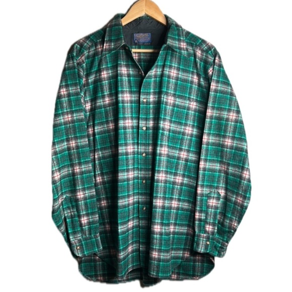 Vintage Pendleton Wool Teal Green |Gray Plaid Men's 60’s -70’s Button Down Shirt - Picture 1 of 17
